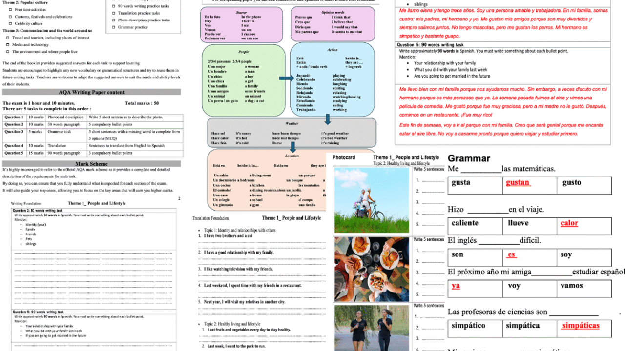 Spanish GCSE practice booklet with vocabulary and exercises.