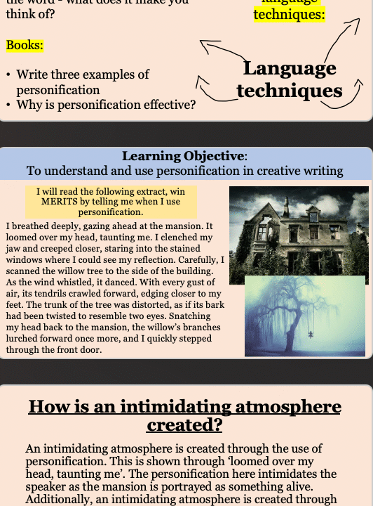 Creative writing lesson on personification and atmosphere.