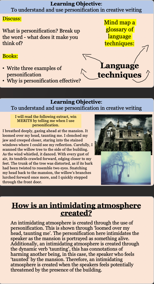 Creative writing lesson on personification and atmosphere.