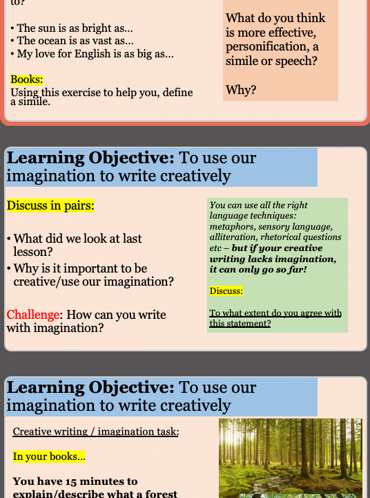 Imaginative writing tasks and challenges for students.