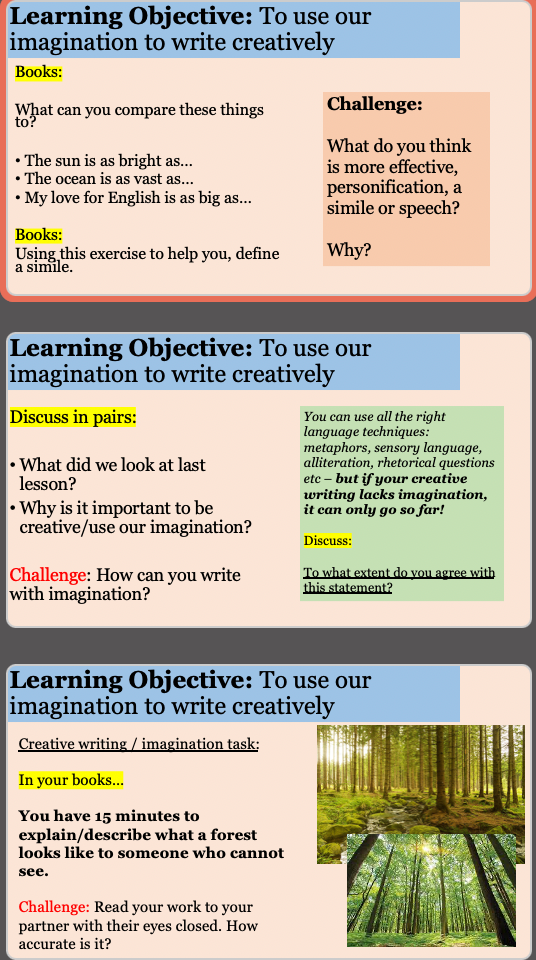 Imaginative writing tasks and challenges for students.