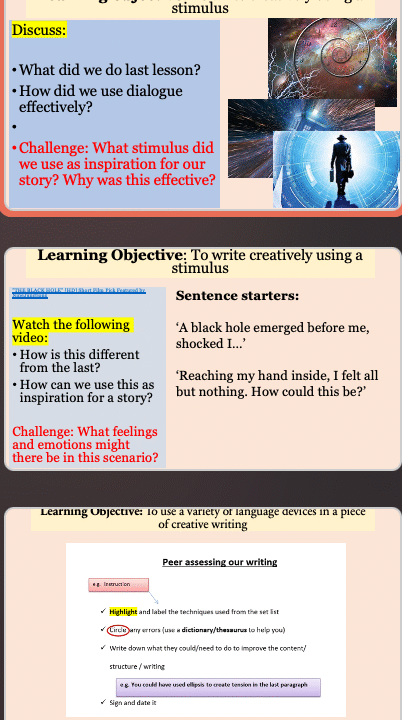 Creative writing lesson using stimulus and language devices.