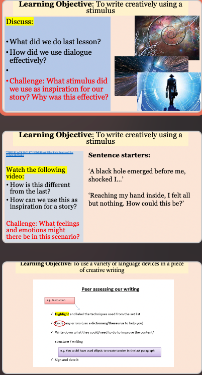 Creative writing lesson using stimulus and language devices.