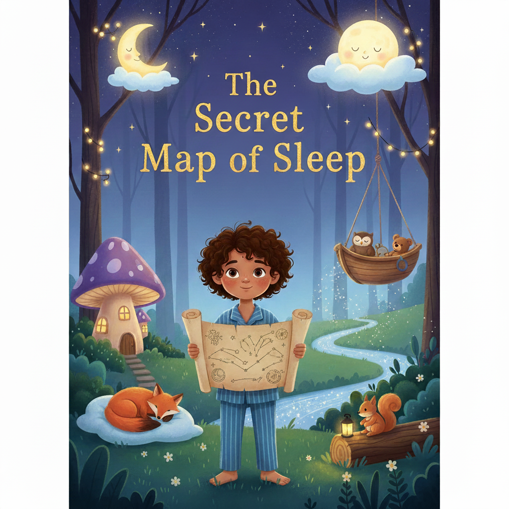 Child holds magical map in enchanted forest at night.