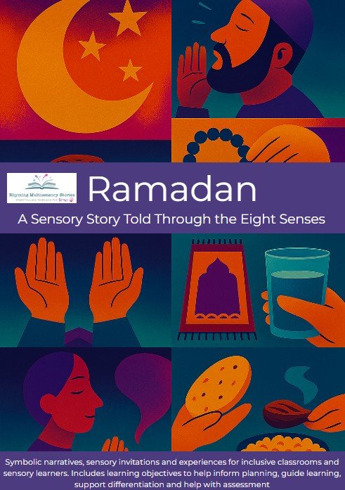 Illustrated sensory story about Ramadan and eight senses.