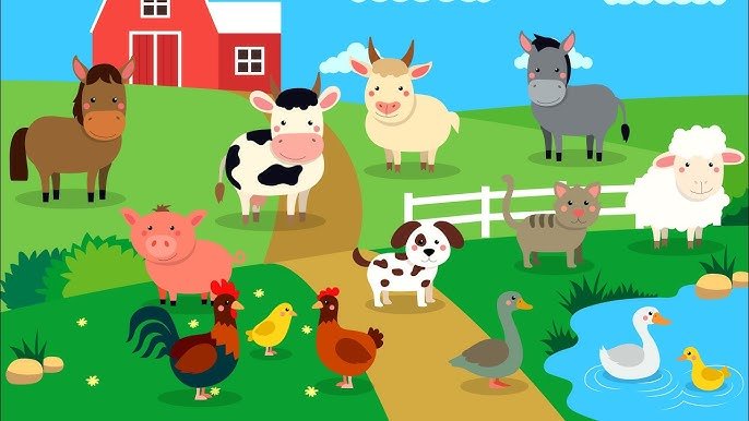 Farm animals near a barn and pond, cartoon style.