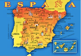 Colourful map of Spain with major cities highlighted.