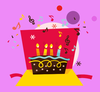Colourful birthday card with cake and music notes