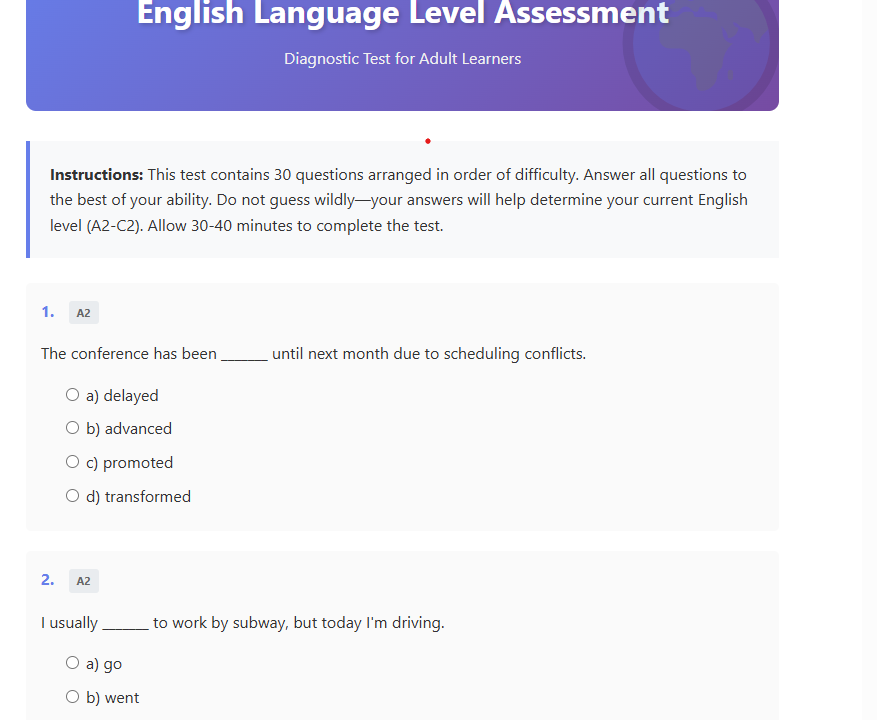English level assessment multiple choice questions