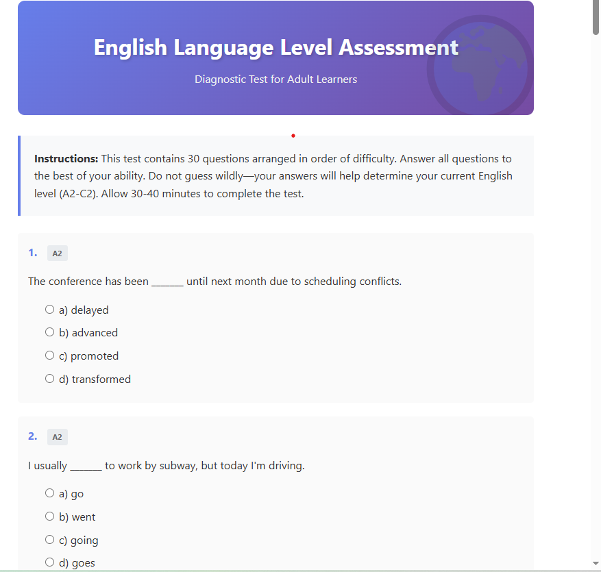 English level assessment multiple choice questions