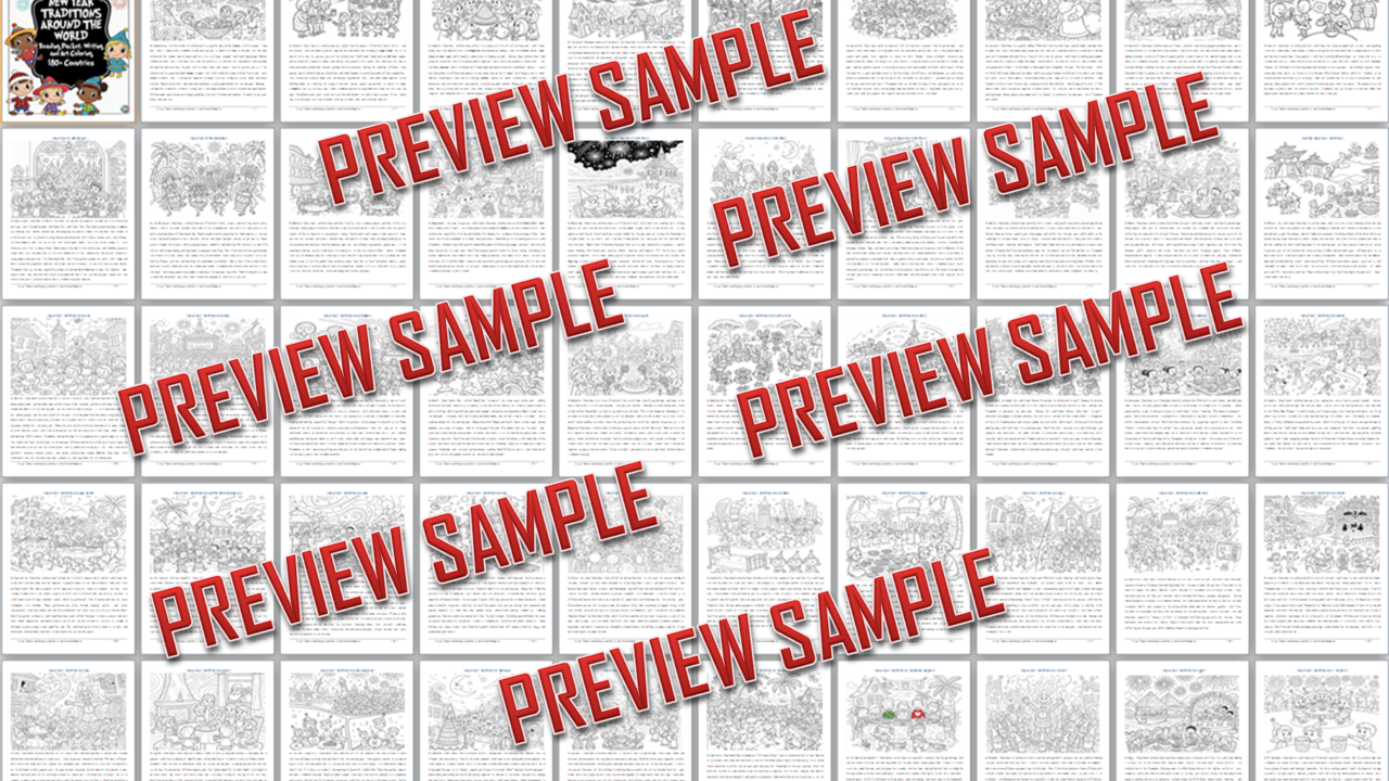 Preview of New Year traditions colouring book.