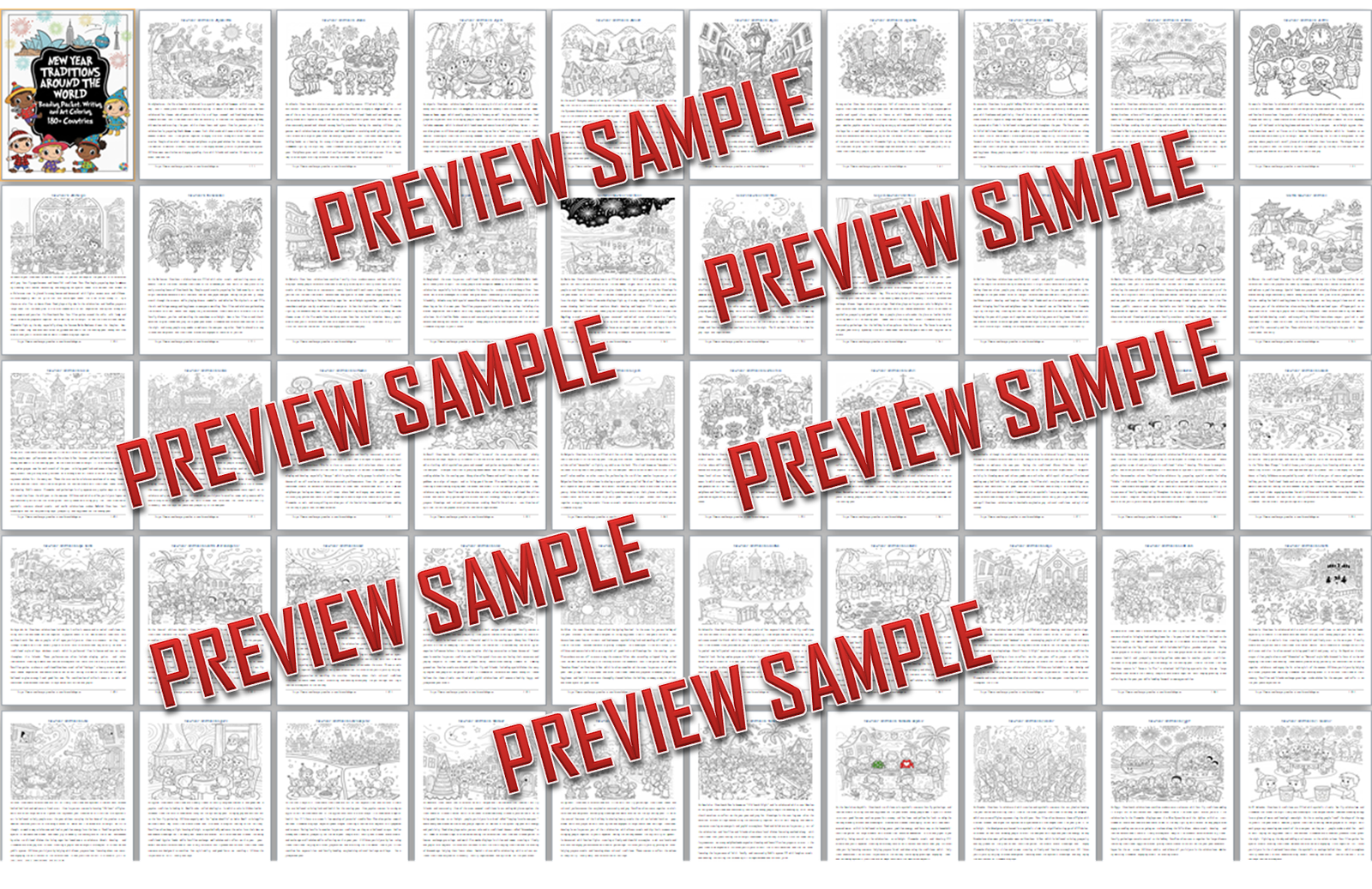 Preview of New Year traditions colouring book.