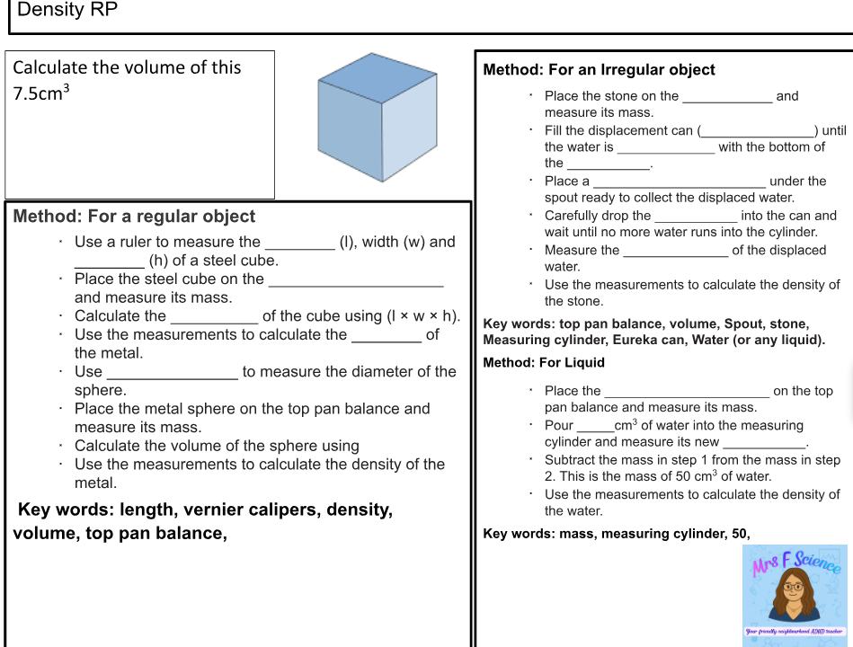 Instructions for calculating object density and volume.