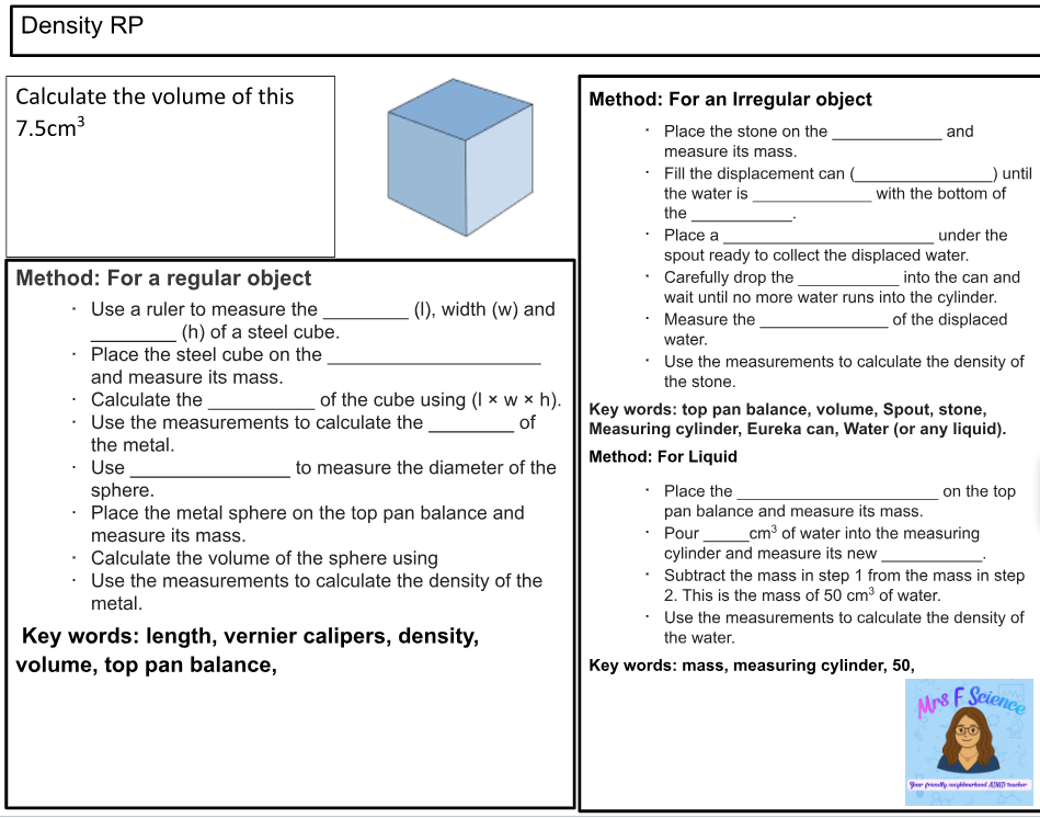 Instructions for calculating object density and volume.