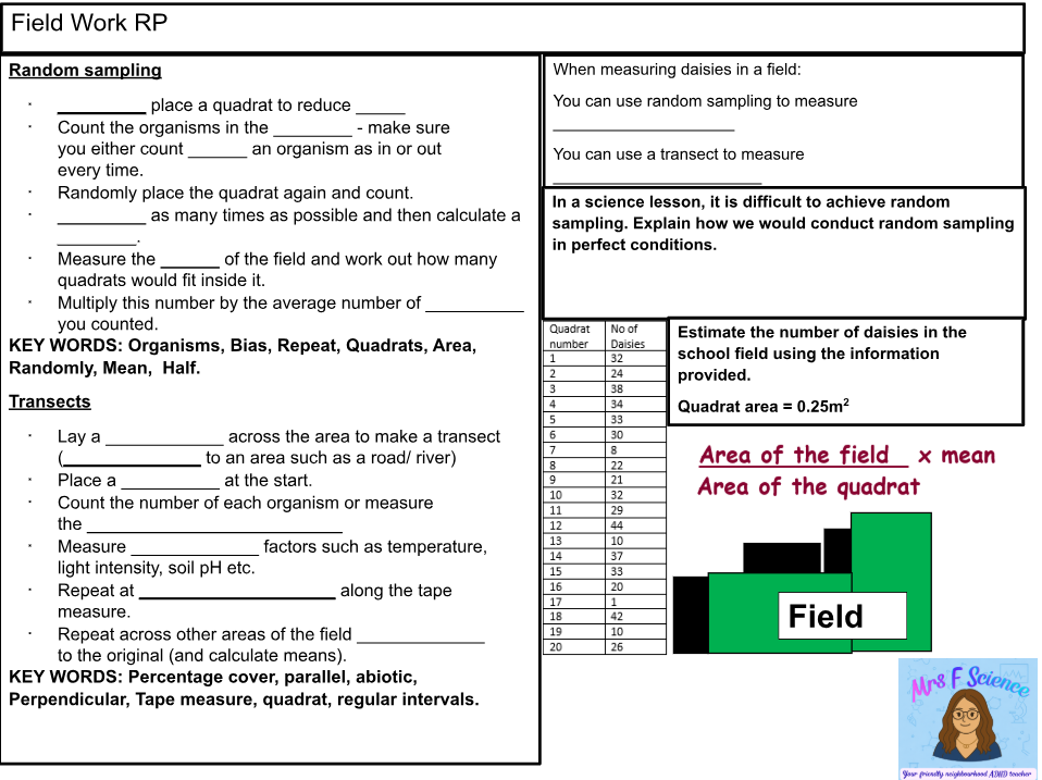 Field work methods: random sampling and transects in science.