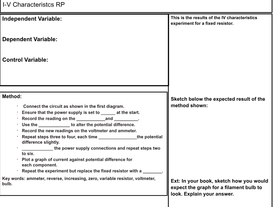I-V characteristics experiment worksheet with incomplete fields.