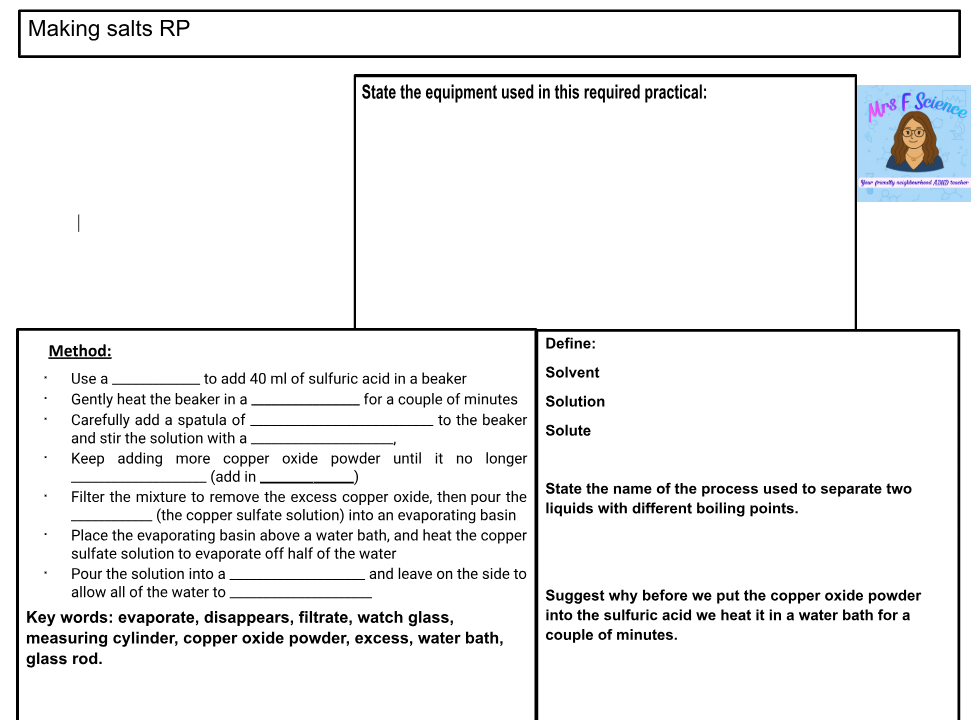 Chemistry practical worksheet on making salts with method.