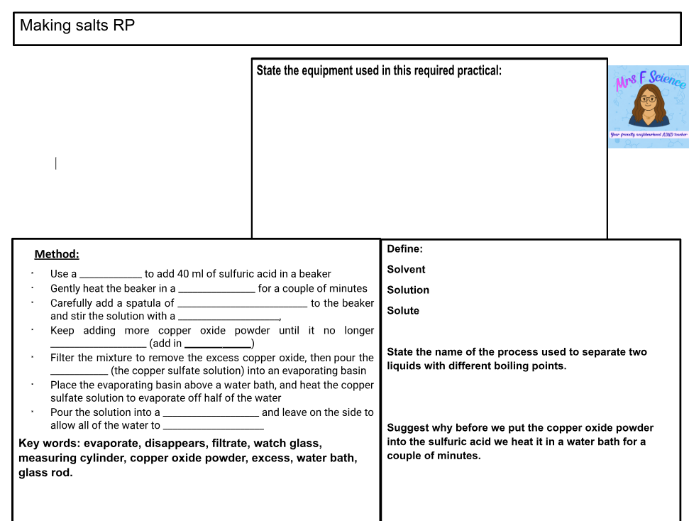 Chemistry practical worksheet on making salts with method.