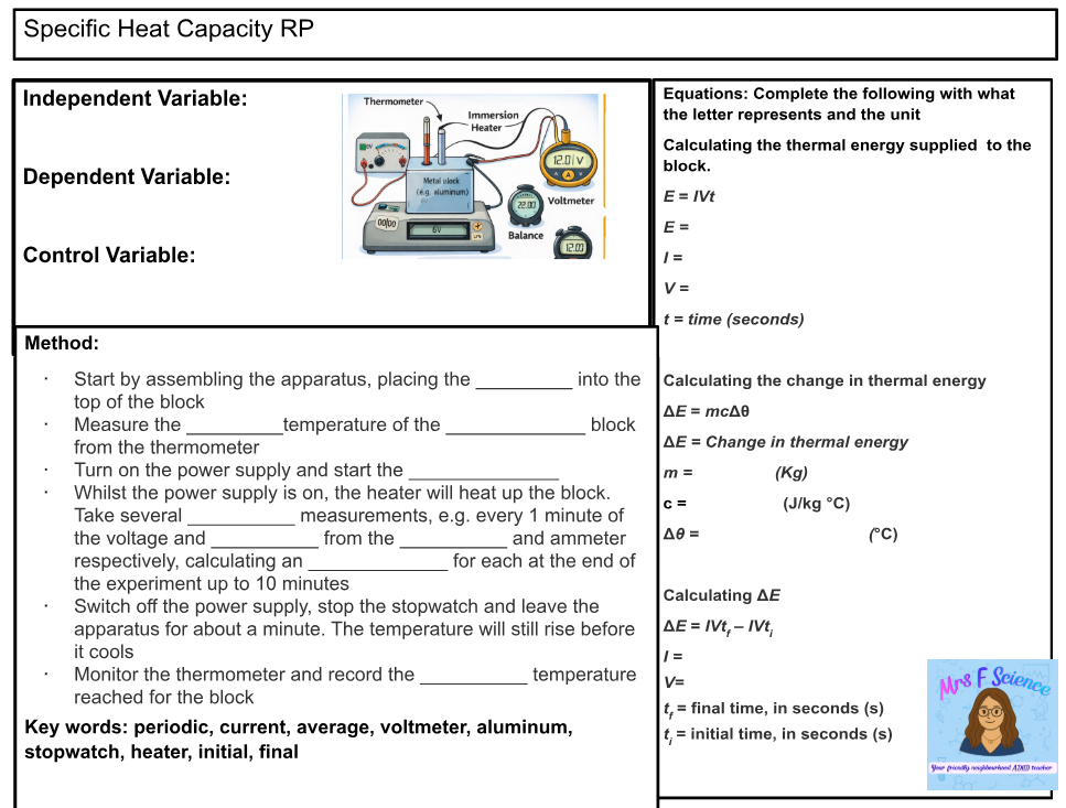 Specific heat capacity experiment instructions and equations.