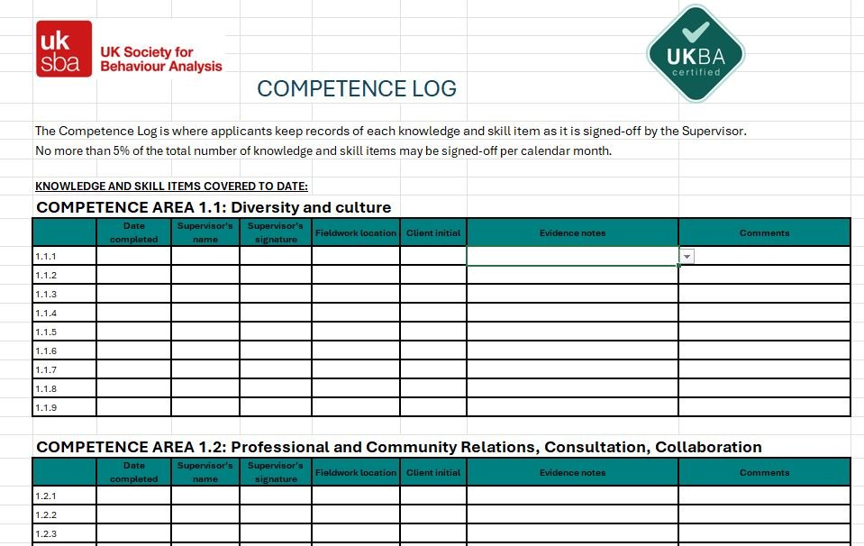 UK SBA competence log for behaviour analysis training.
