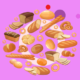 Assorted bread and pastries on purple background