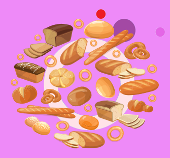 Assorted bread and pastries on purple background