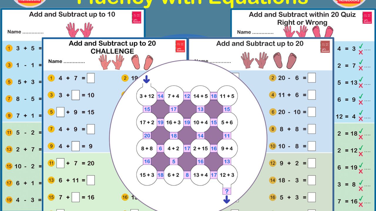 Printable worksheets for adding and subtracting up to 20.