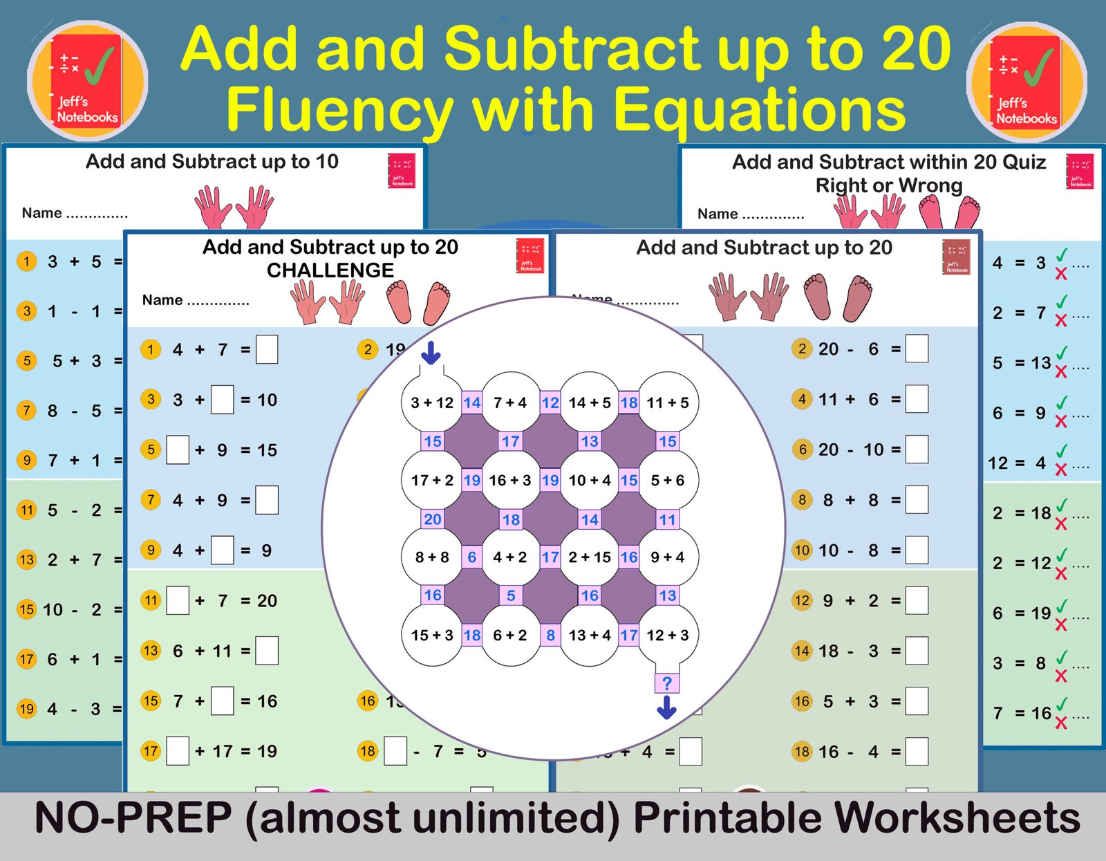 Printable worksheets for adding and subtracting up to 20.