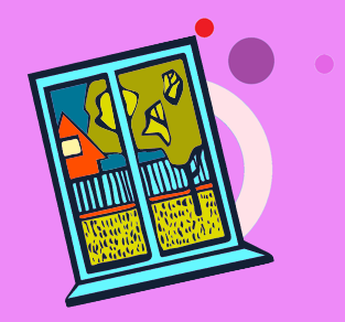 Abstract window view with tree and house