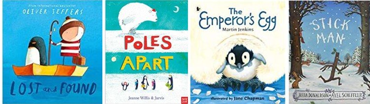 Four illustrated children's book covers about adventures.