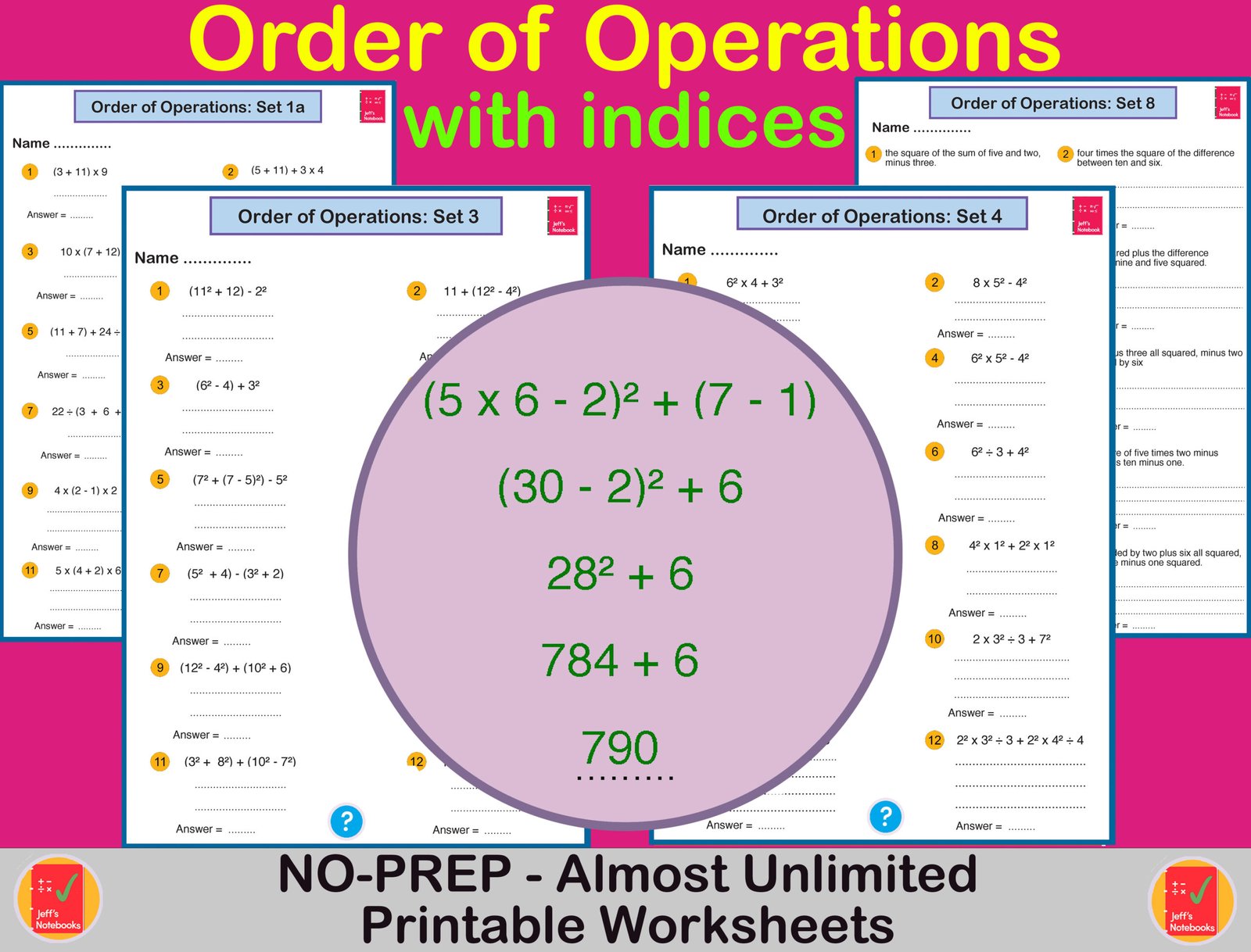 Order of operations worksheets with indices printable