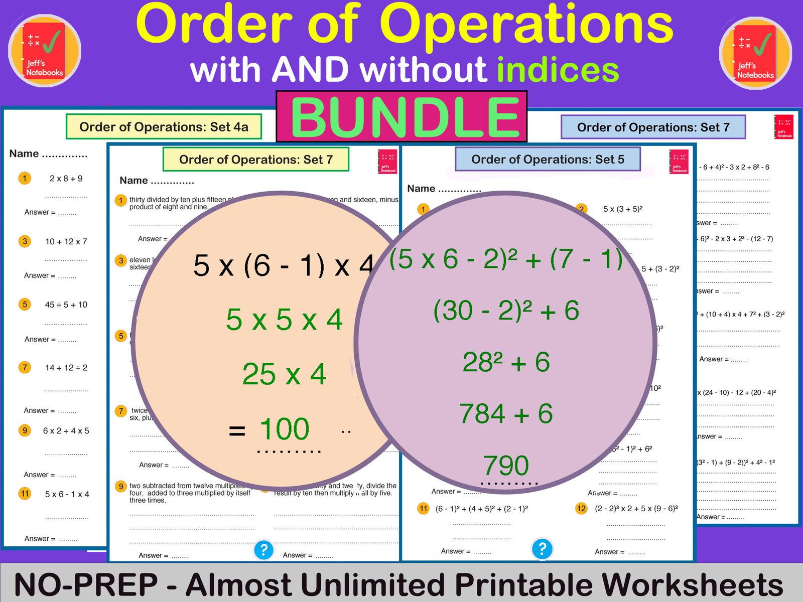Order of Operations worksheets bundle, no-prep materials.
