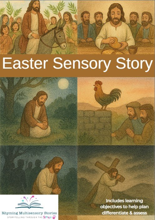 Easter story illustrations with sensory learning objectives.