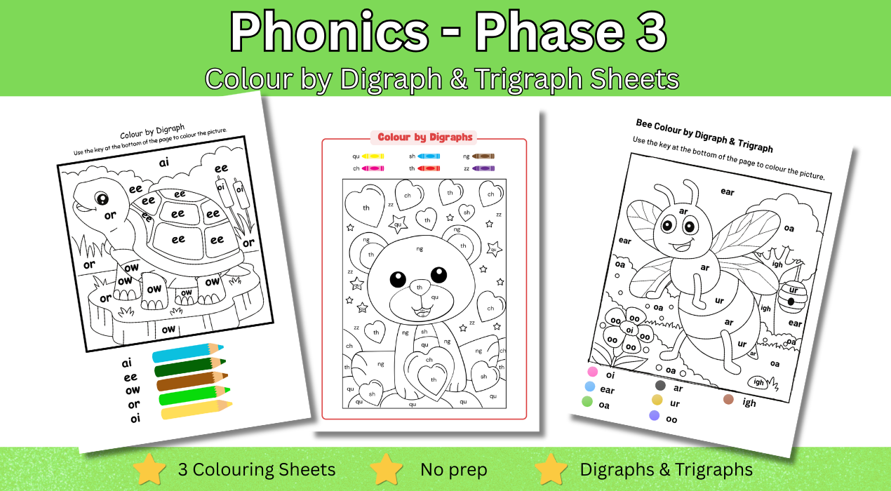 Phonics Phase 3 digraph and trigraph colouring sheets.