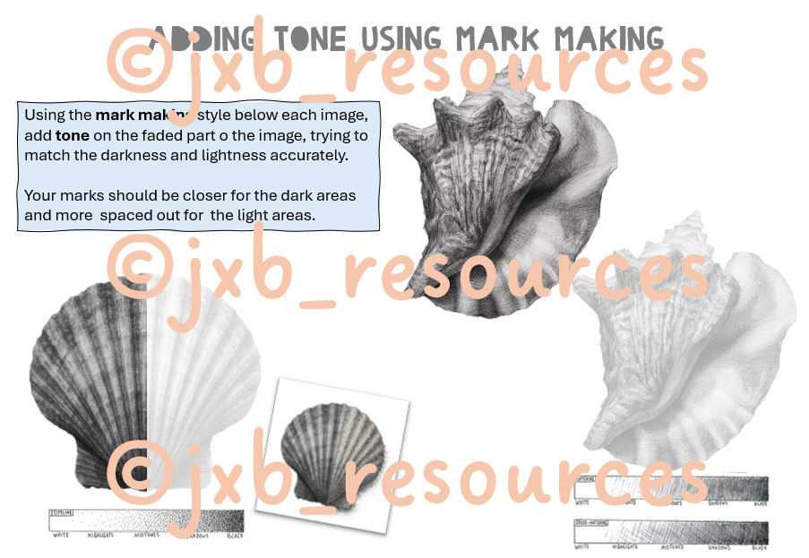 Instructions for adding tone with mark making techniques.