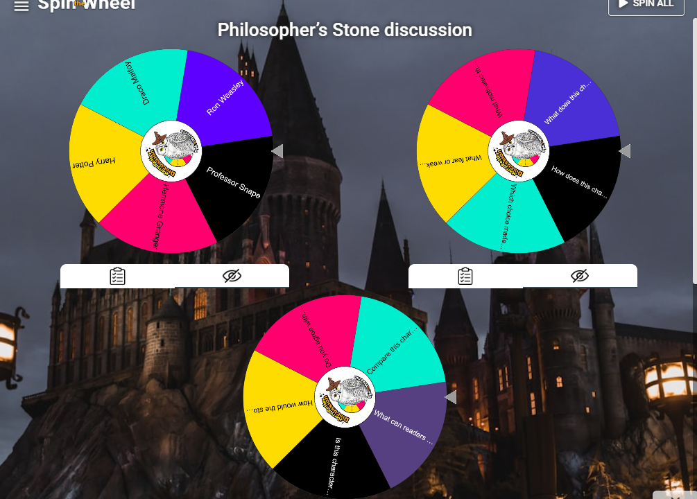 Three colourful spin wheels for discussion topics.