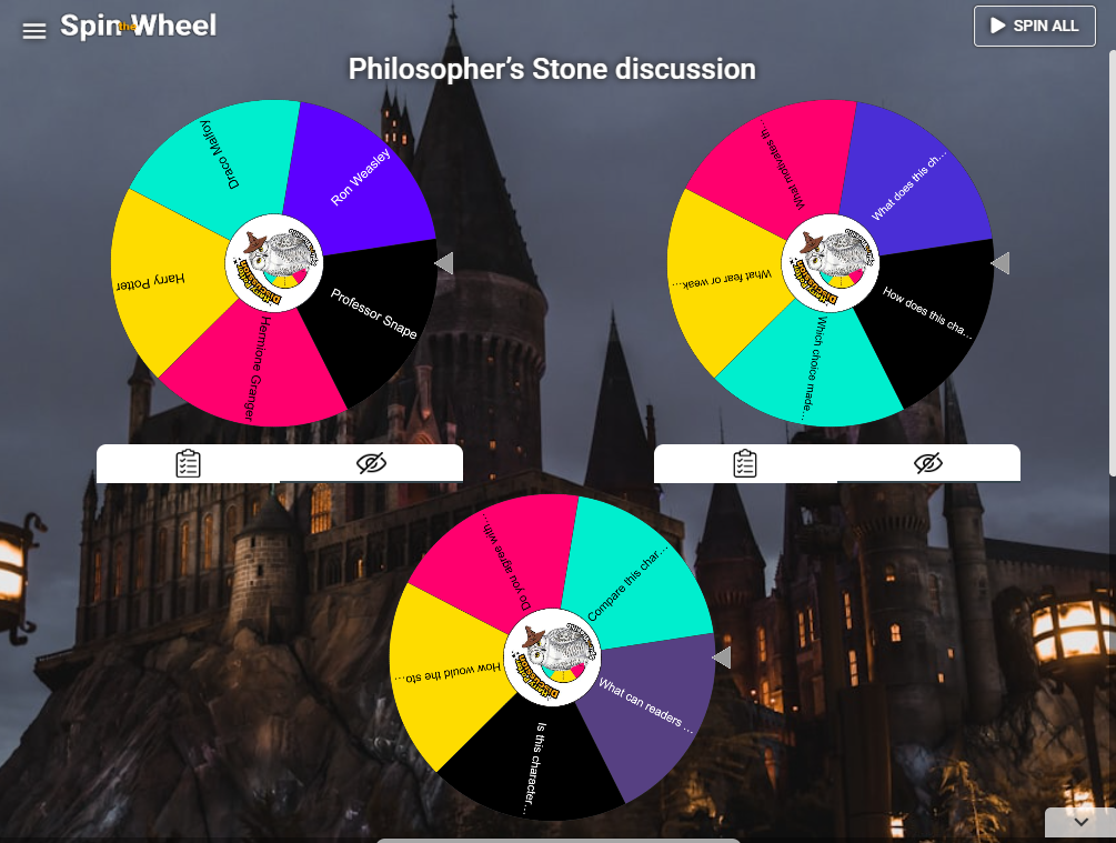 Three colourful spin wheels for discussion topics.
