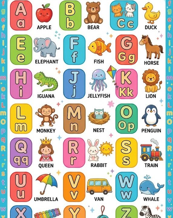 Colourful alphabet matching poster with animals and objects