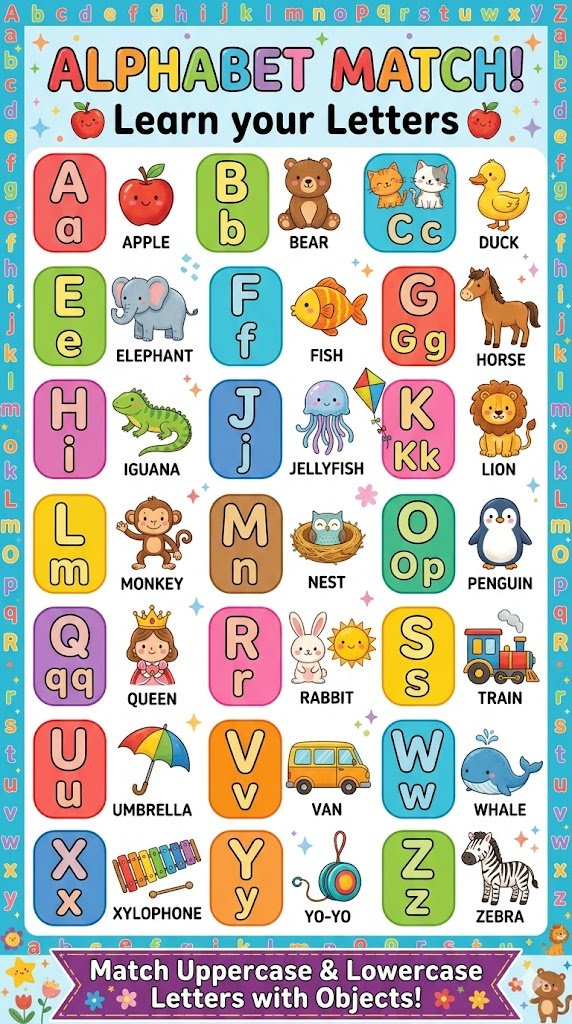 Colourful alphabet matching poster with animals and objects