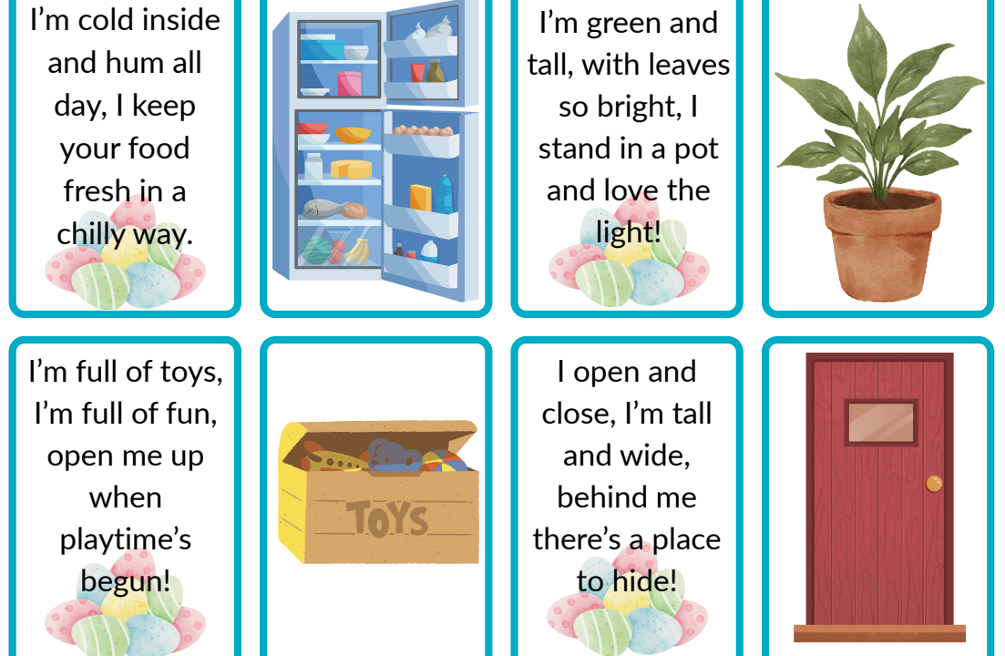 Illustrated household object riddles with matching pictures
