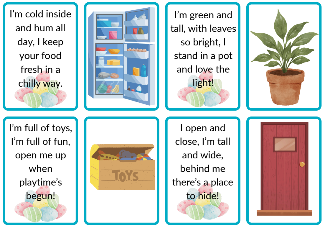 Illustrated household object riddles with matching pictures