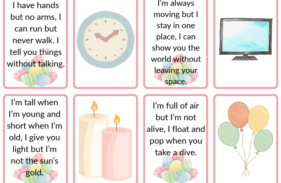 Children’s riddle cards with illustrated objects