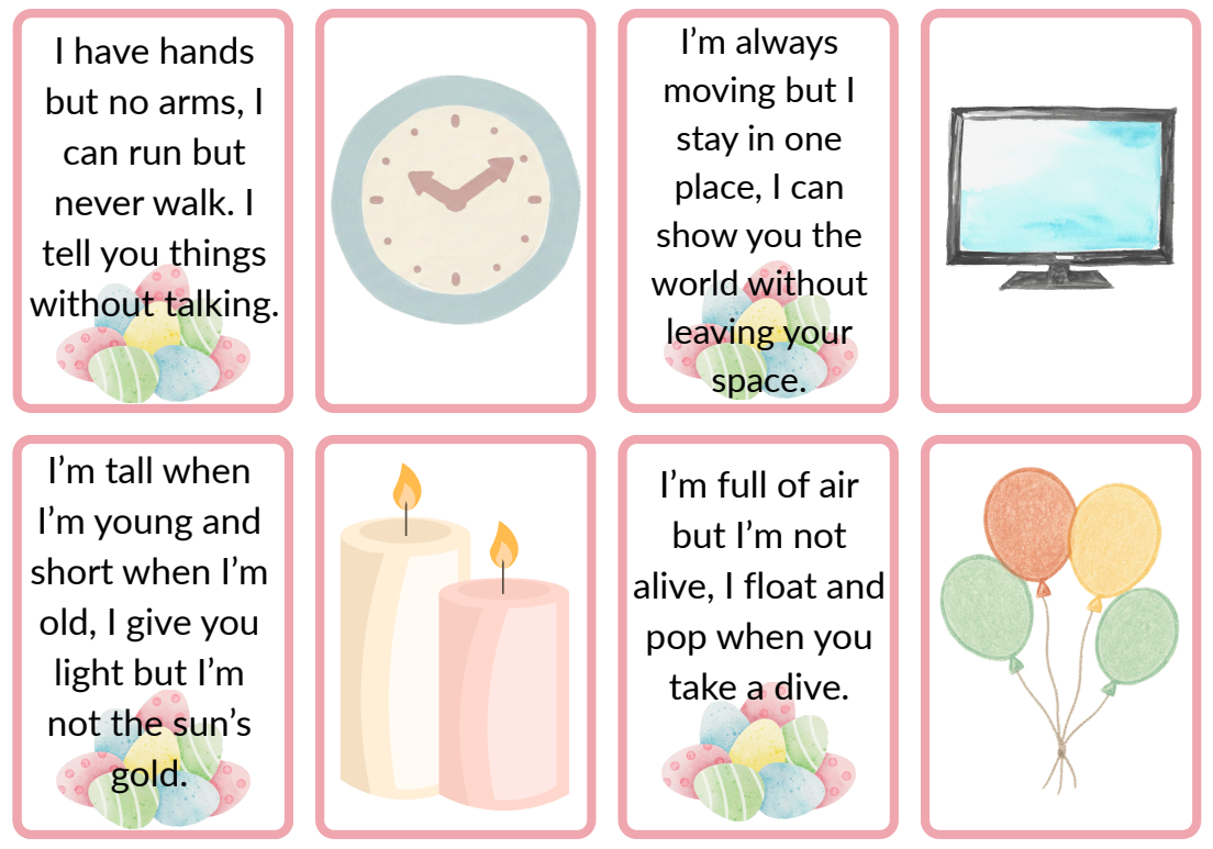 Children’s riddle cards with illustrated objects