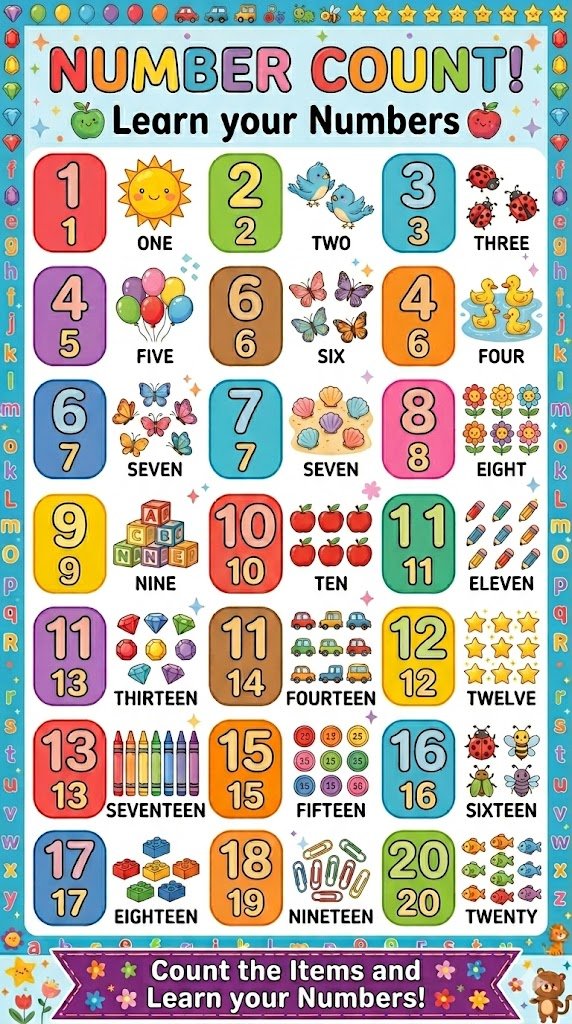 Colourful children's number counting poster 1-20