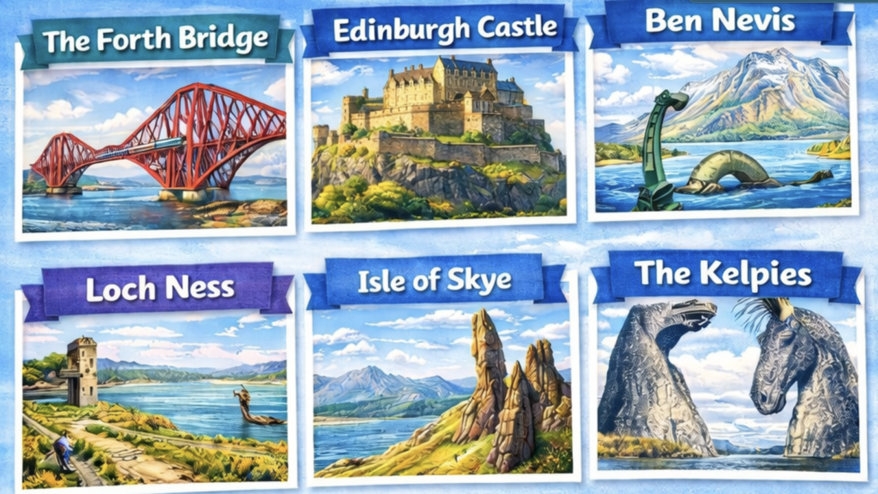 Illustrated posters of famous Scottish landmarks and attractions