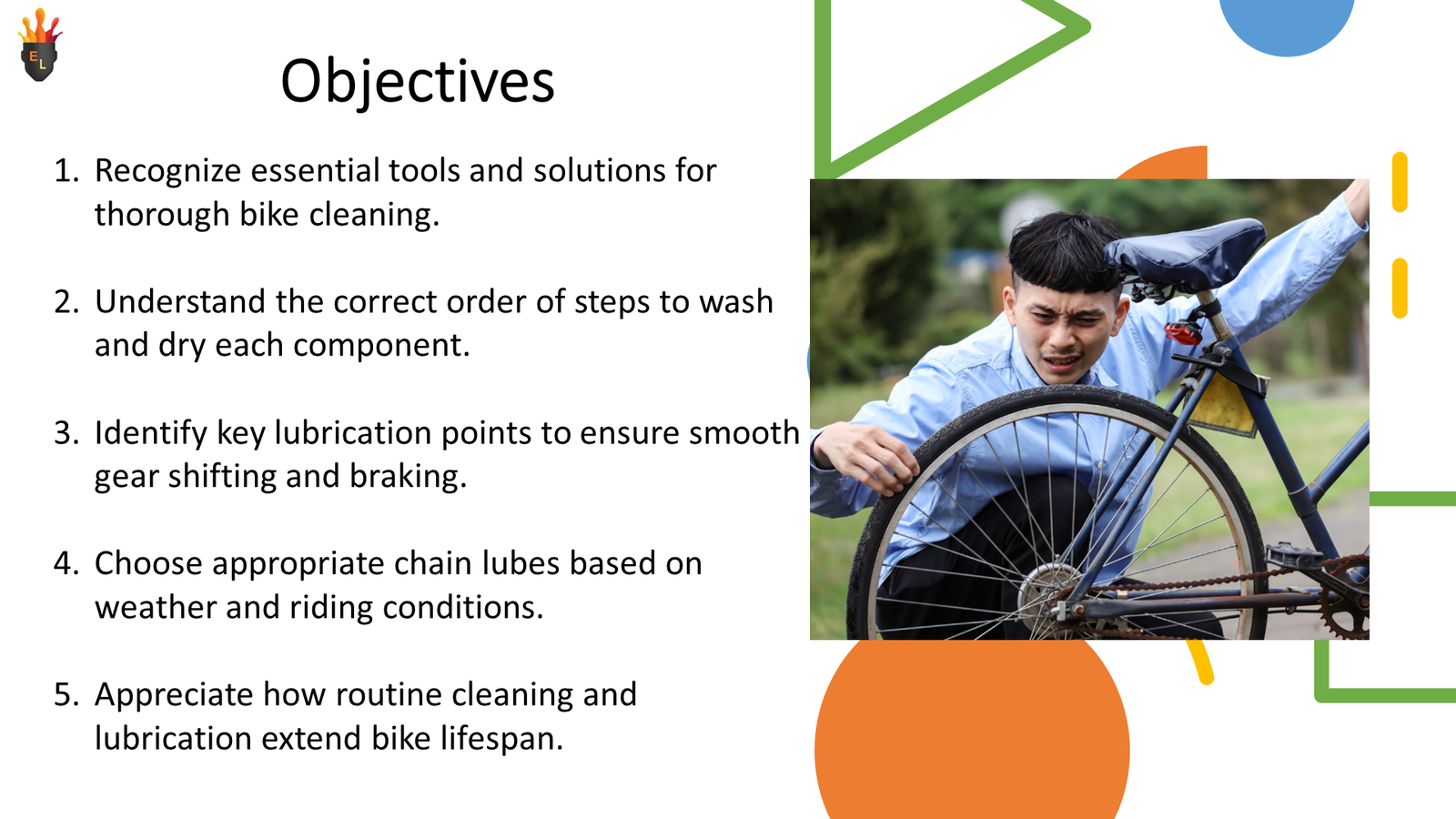 Man inspecting bicycle rear wheel outdoors