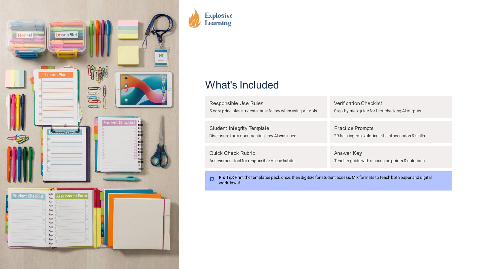 Teacher desk with AI learning resources and supplies