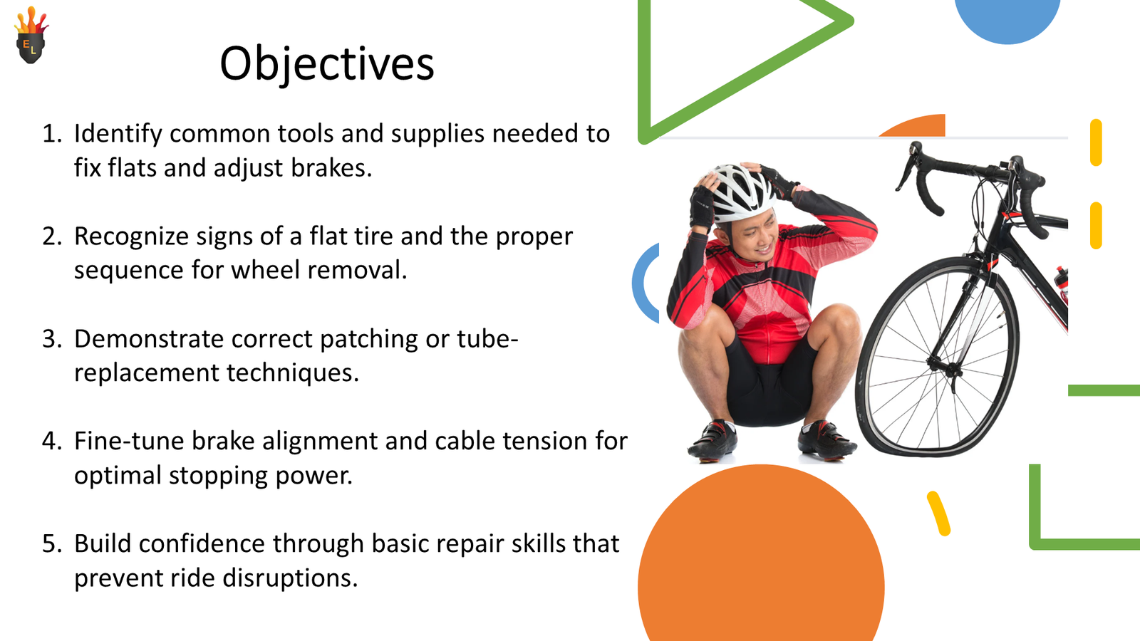 Cyclist with bike beside repair objectives slide