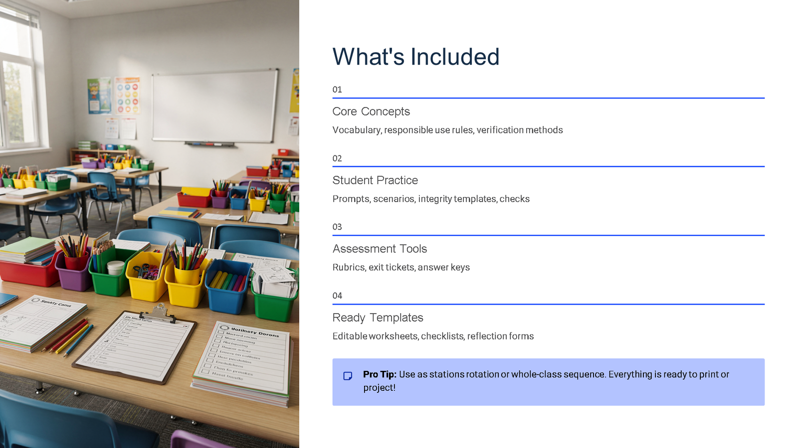 Primary classroom with supplies and curriculum overview slide
