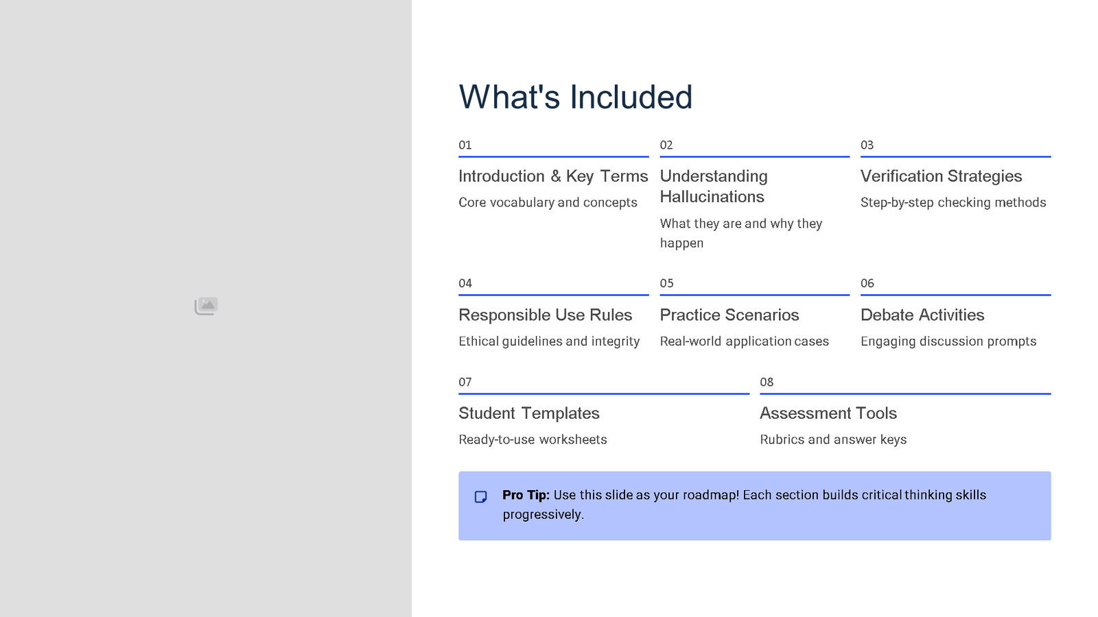 Course contents slide with eight listed modules